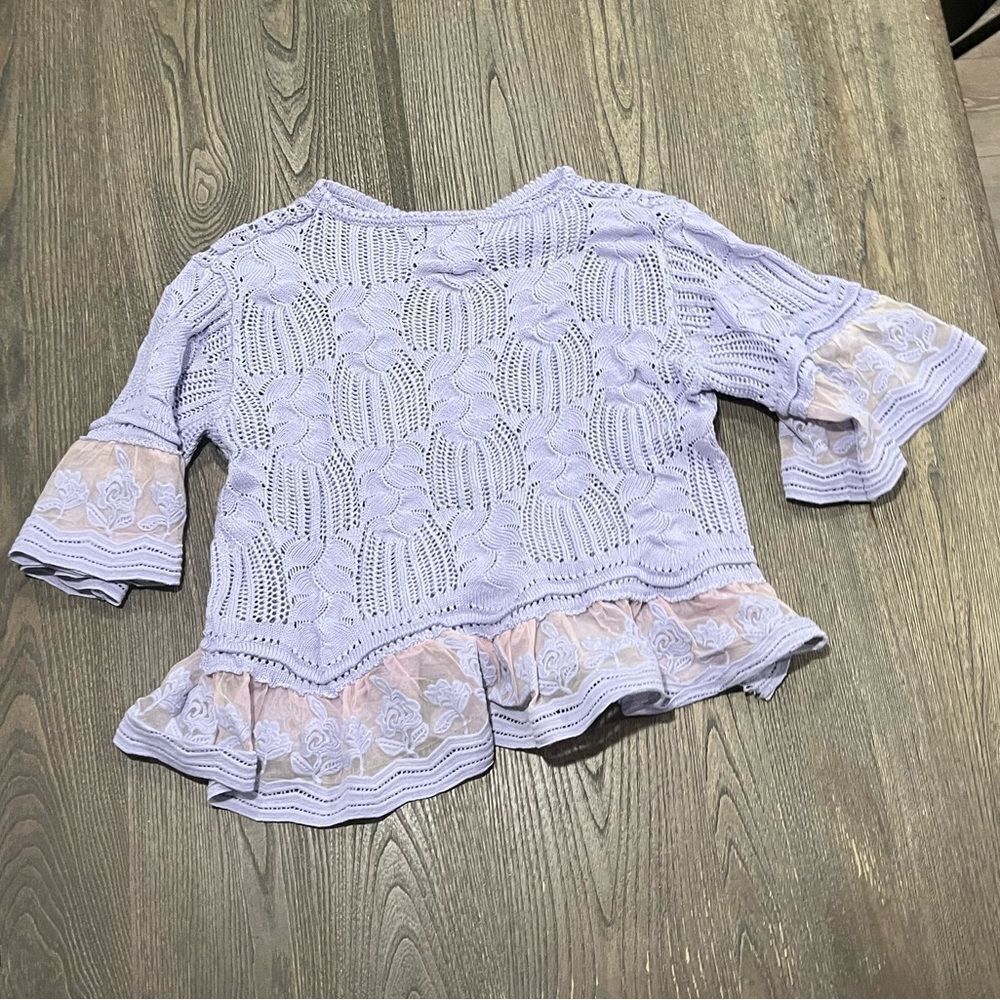 Lipslide Sweater Crop Top Floral Crochet Mesh Ruffled Short Sleeve Purple Small - Picture 3 of 4